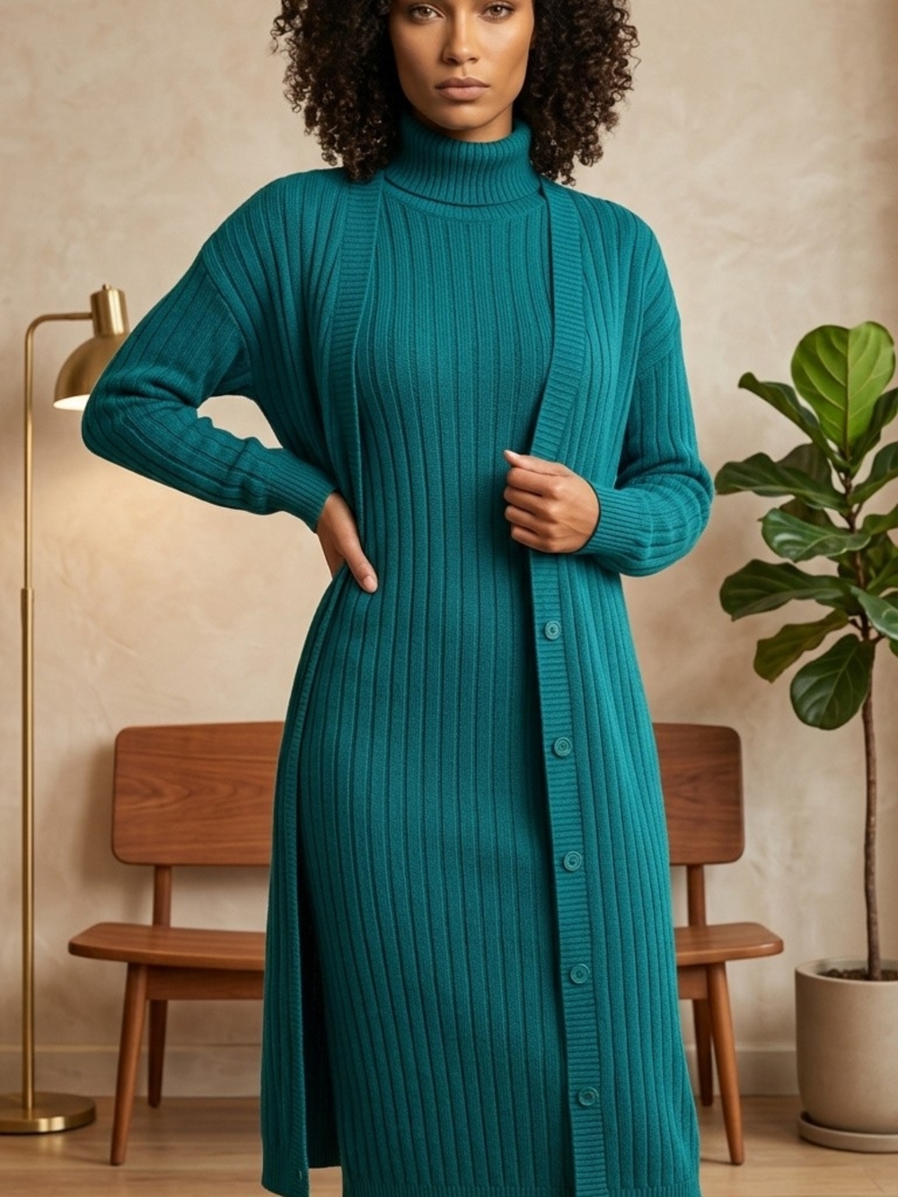 Ribbed Turtleneck Midi Dress with Matching Cardigan — Teal